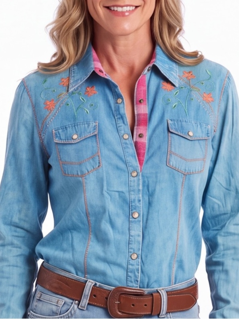 Cowgirl Up Western Embroidered Light Wash Denim Button Down Shirt